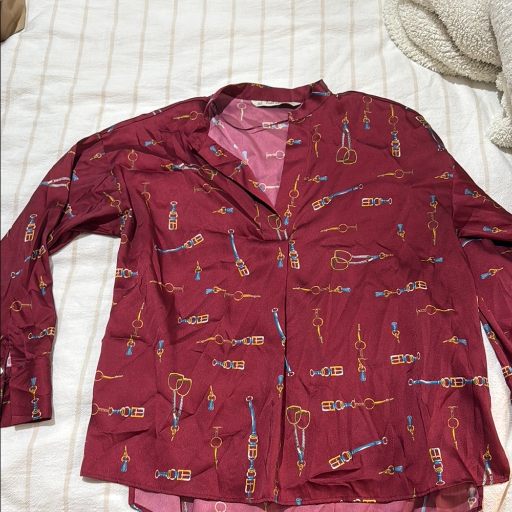 Red Patterned v neck dress shirt